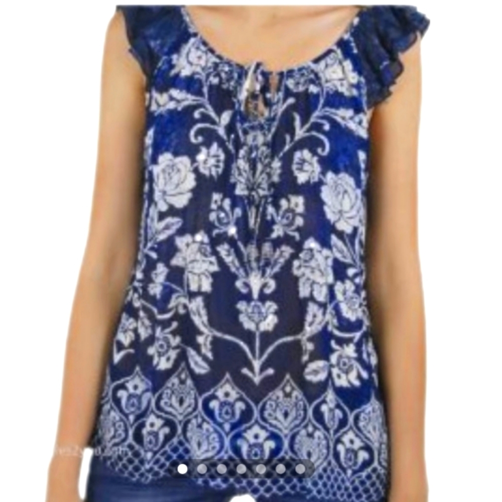 Soft Surroundings Bila blue white floral ruffle sleeve chiffon tunic top S